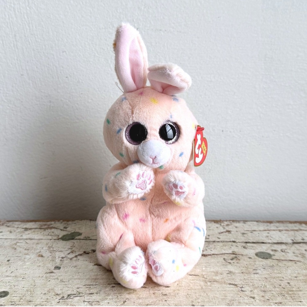Ty Beanie Bellies Peaches Bunny Pink Confetti Plush Easter 2023 NWT